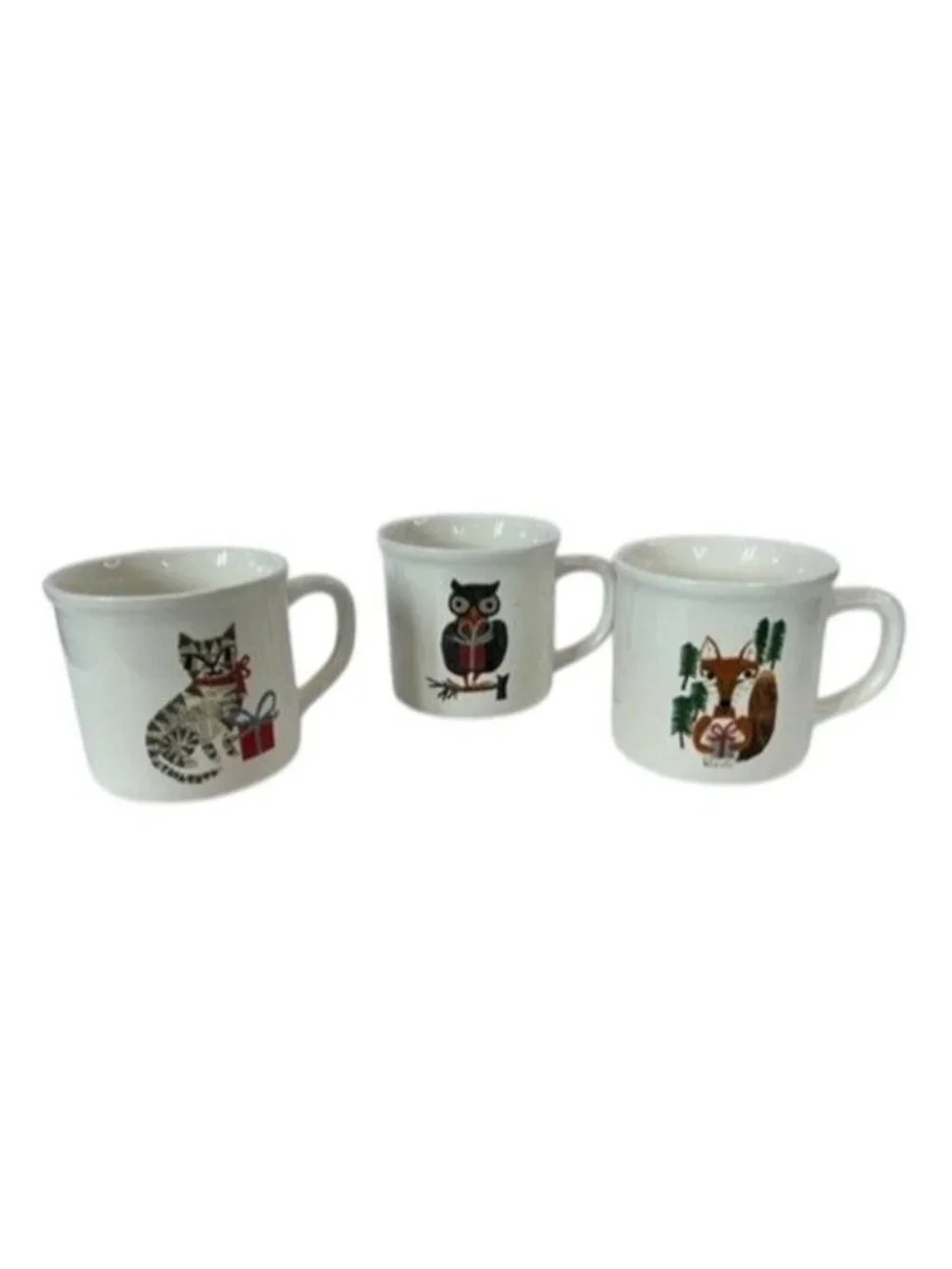 3 POTTERY BARN DENISE FIEDLER WHIMSICAL CAT,FOX & OWL MUGS -A FUN TASTE OF NATUR